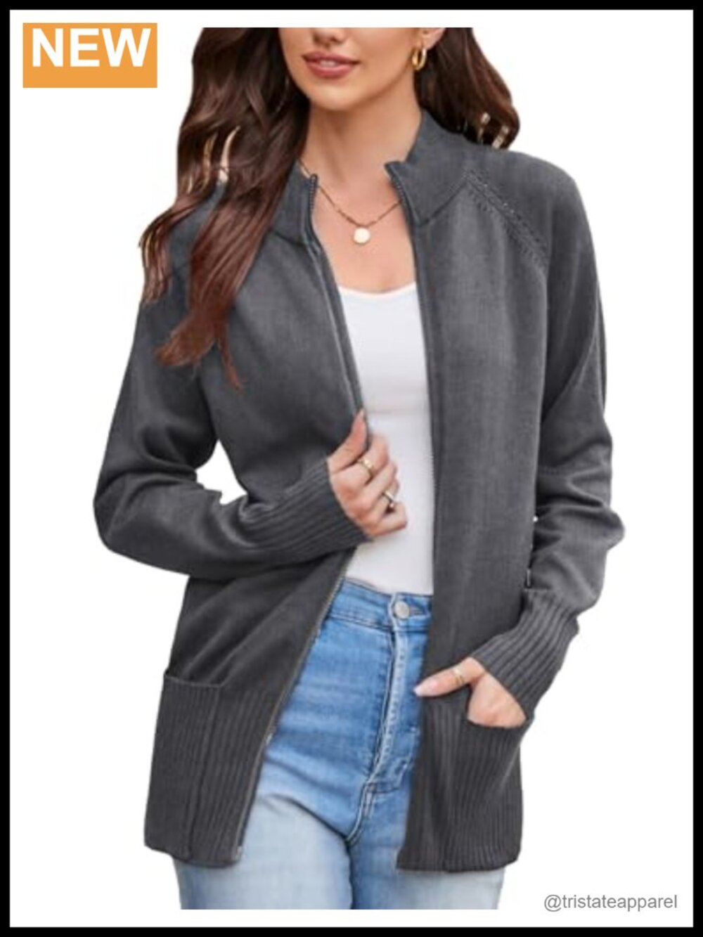 Women's Zip Up Knit Cardigan Sweater with Pockets, Long Sleeve, Stand Collar,